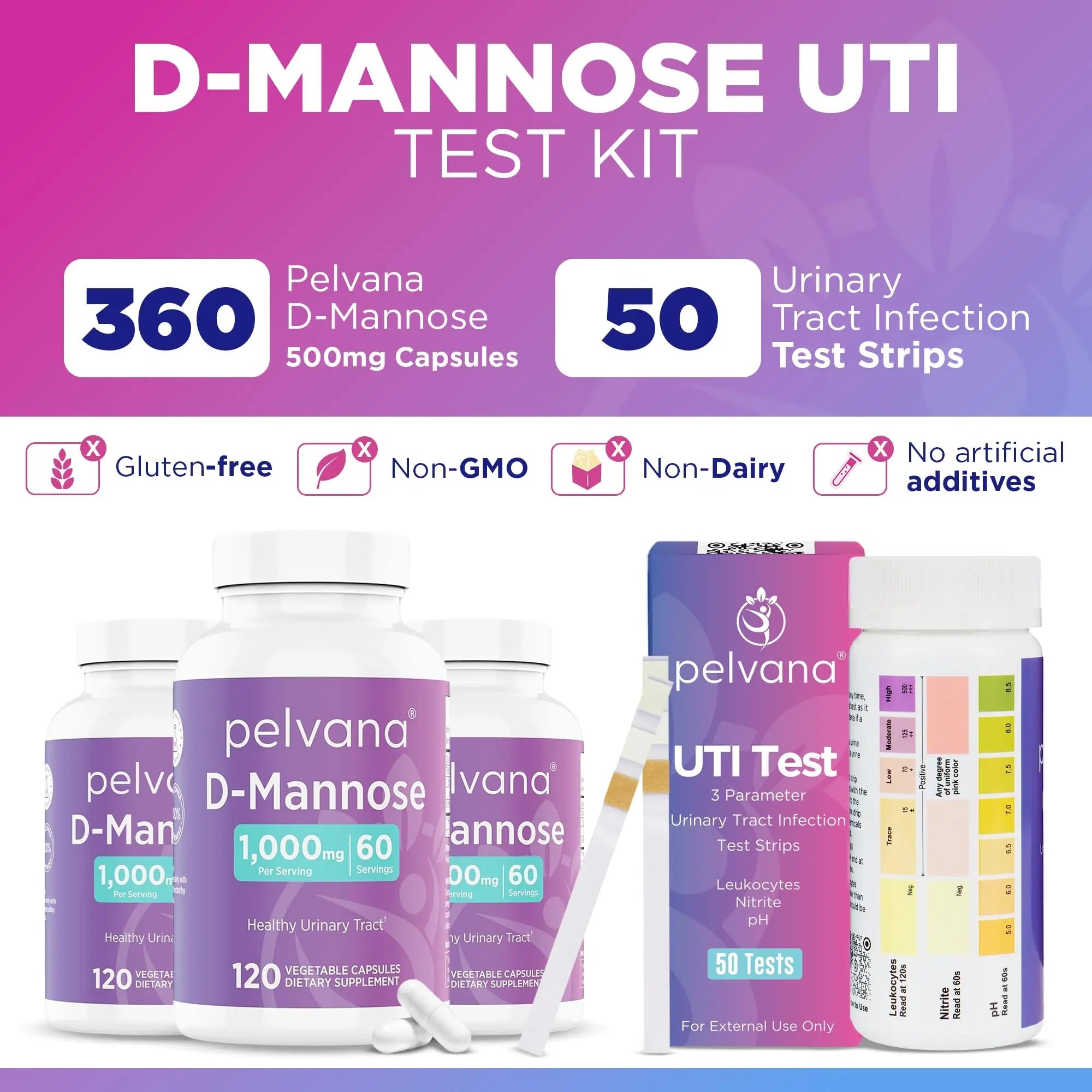 Pelvana D-Mannose UTI Kit for Women – UTI Test Strips & D-Mannose Supplement, At-Home Testing, Maintains Healthy Urinary Tract Balance, Flushes Impurities – 3 Bottles (120 Capsules) + 50 Test Strips Pelvana Au supplements