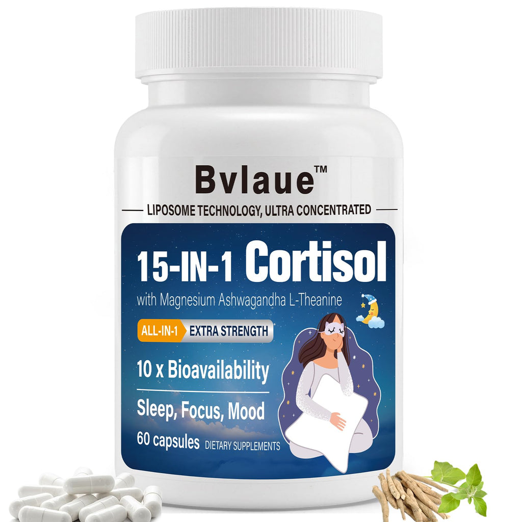 Bvlaue Cortisol Supplements for Women & Men - 15-in-1 Cortisol Reducer Manager Lower w/Ashwagandha,Magnesium,L-Theanine/Saffron Vitamin B6 & B12,60 Vegan CT for Stress Relief Sleep,Mood,Non-GMO Bvlaue Au supplements