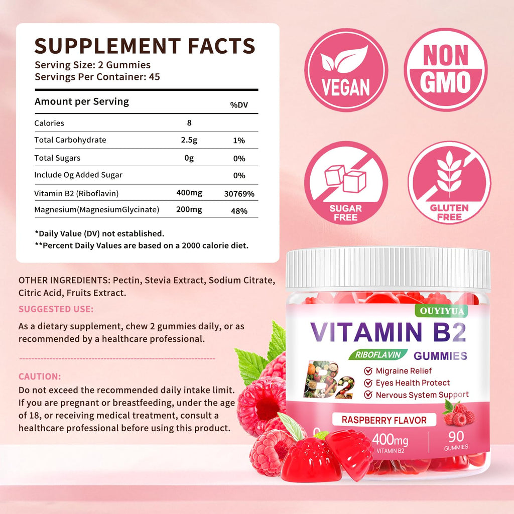 Vitamin B2 Gummies Riboflavin 400mg Supplement with Magnesium for Kids & Adults B2 Gummies for Migraine Relief, Headache Relief & Nervous System Support