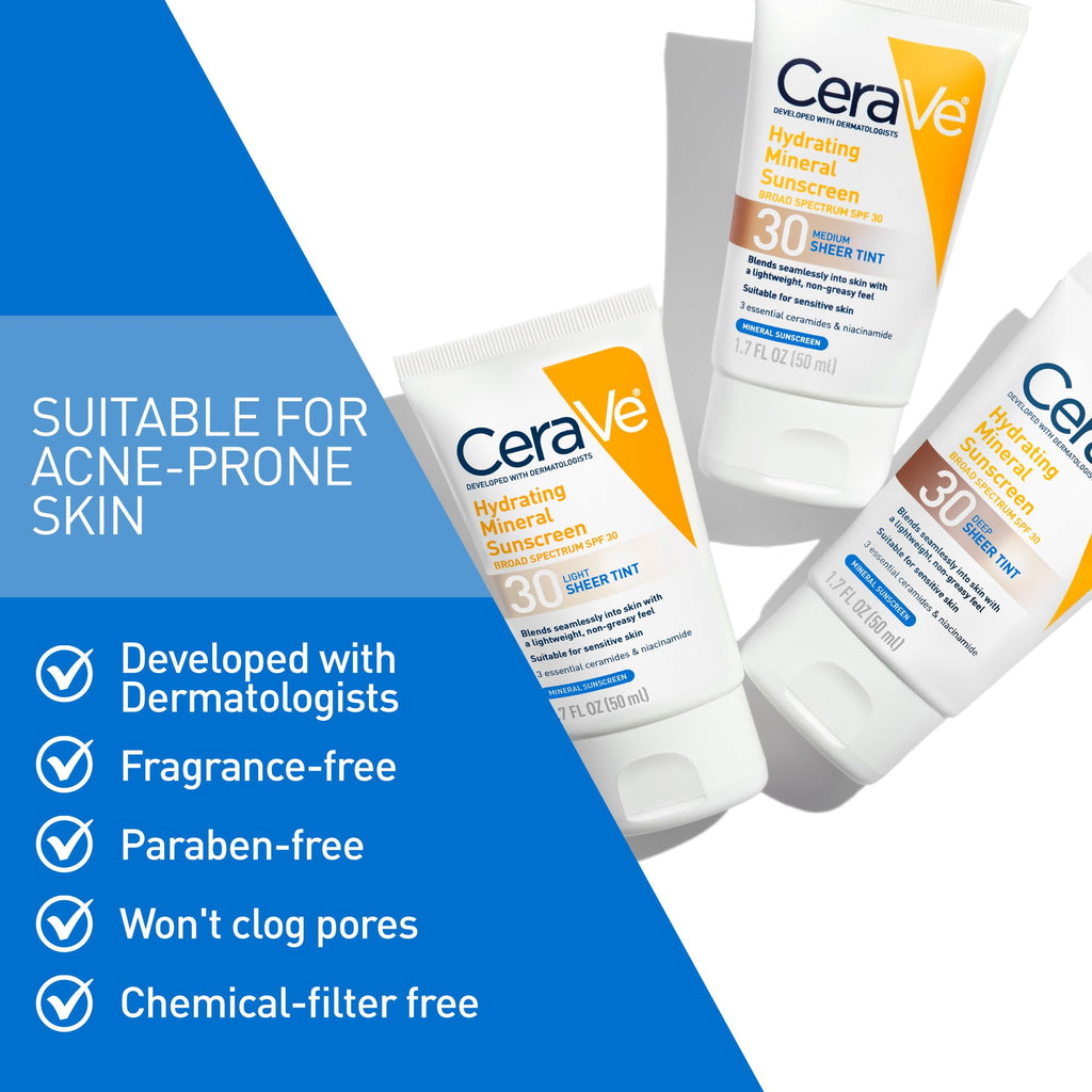 CeraVe Hydrating Mineral Sunscreen SPF 30 with Sheer Tint, Tinted Mineral Sunscreen with Zinc Oxide & Titanium Dioxide