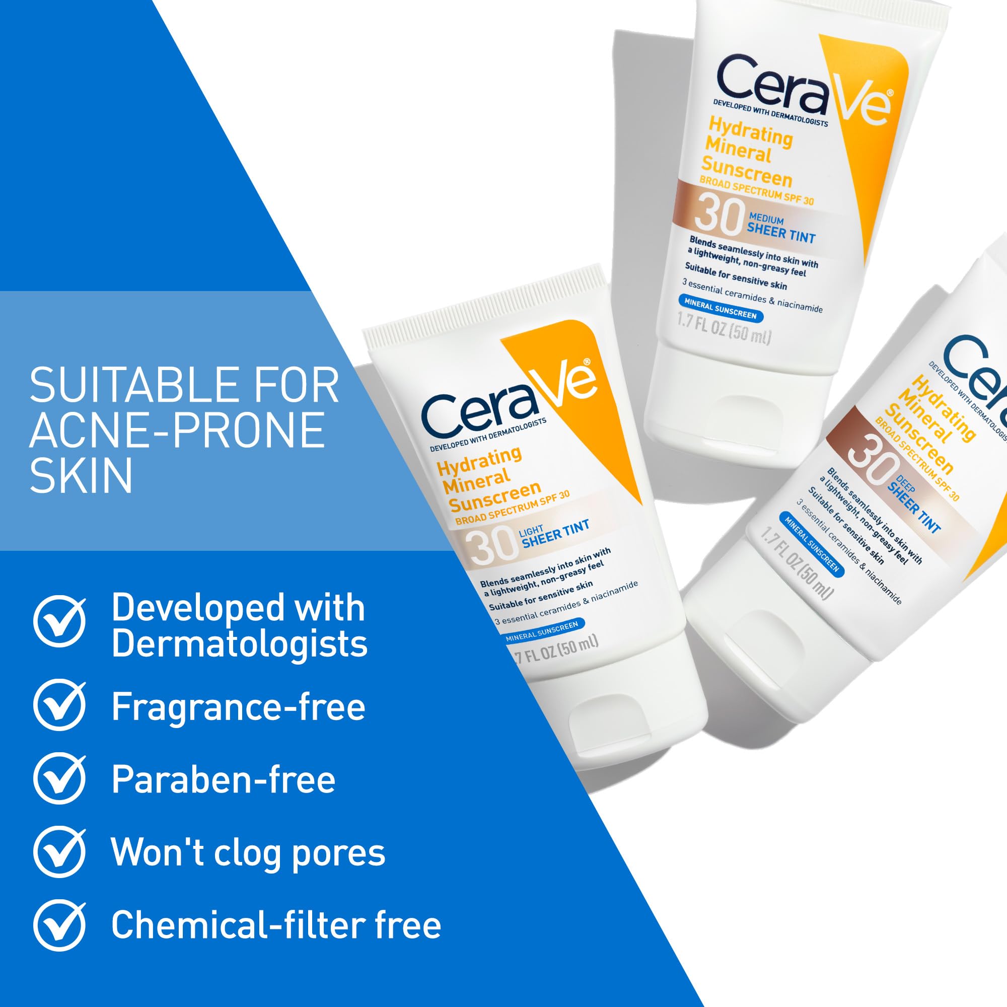 CeraVe Hydrating Mineral Sunscreen SPF 30 with Sheer Tint, Tinted Mineral Sunscreen with Zinc Oxide & Titanium Dioxide