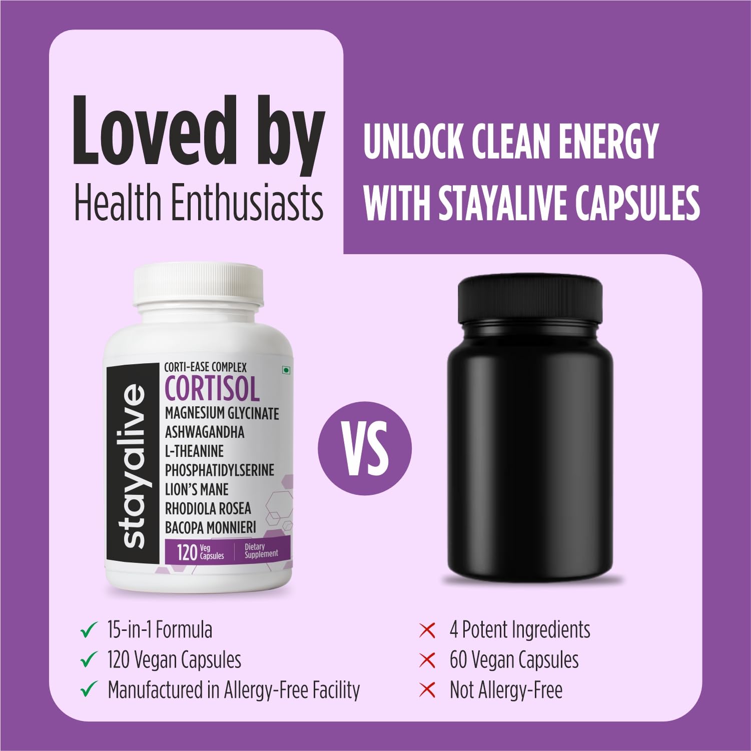 STAY ALIVE Cortisol Manager Supplement 15-in-1 Complex w/L-Theanine, Ashwagandha, Magnesium Glycinate, Phosphatidylserine and More, 120 Veg Capsules, Non-GMO & Gluten-Free Formula for Women and Men STAY ALIVE Au supplements