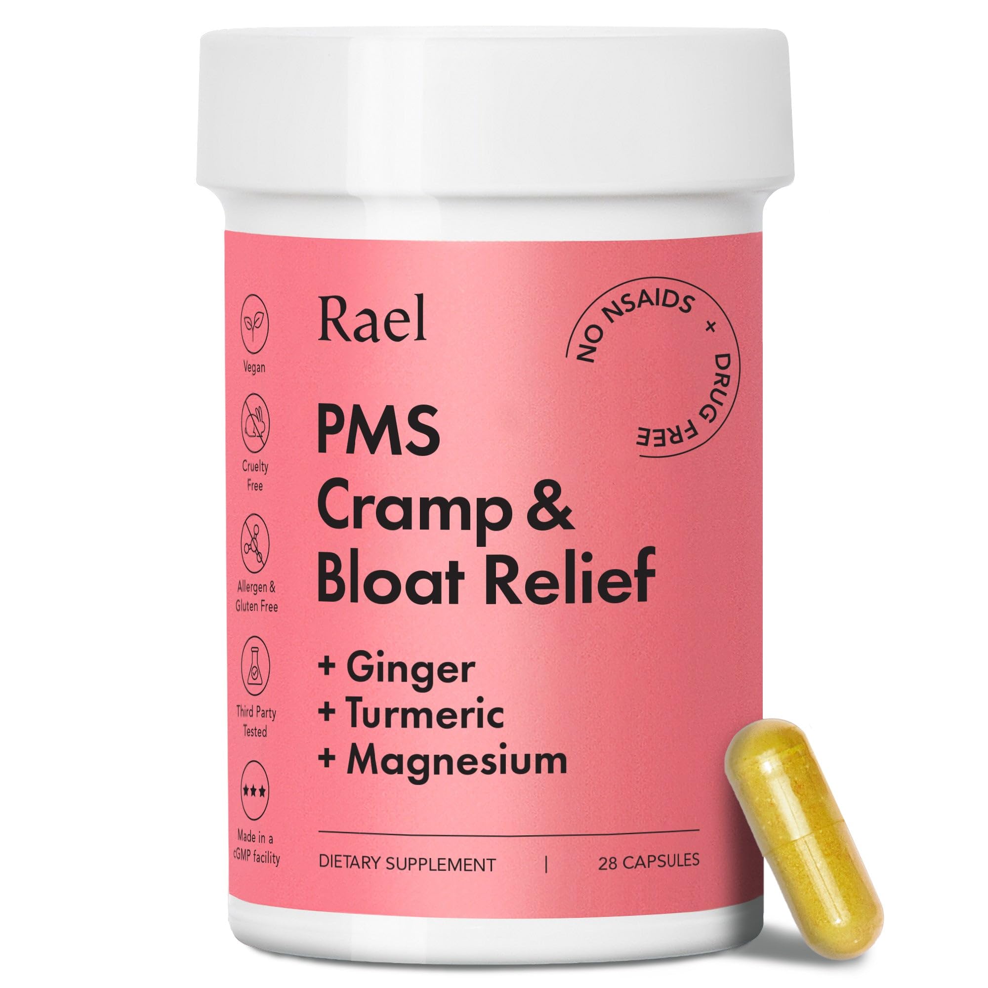 Rael PMS Supplement, Hormone Balance for Women, Relief from Menstrual Cramps with Turmeric, Ginger, Magnesium (28 Capsules) Rael Au supplements