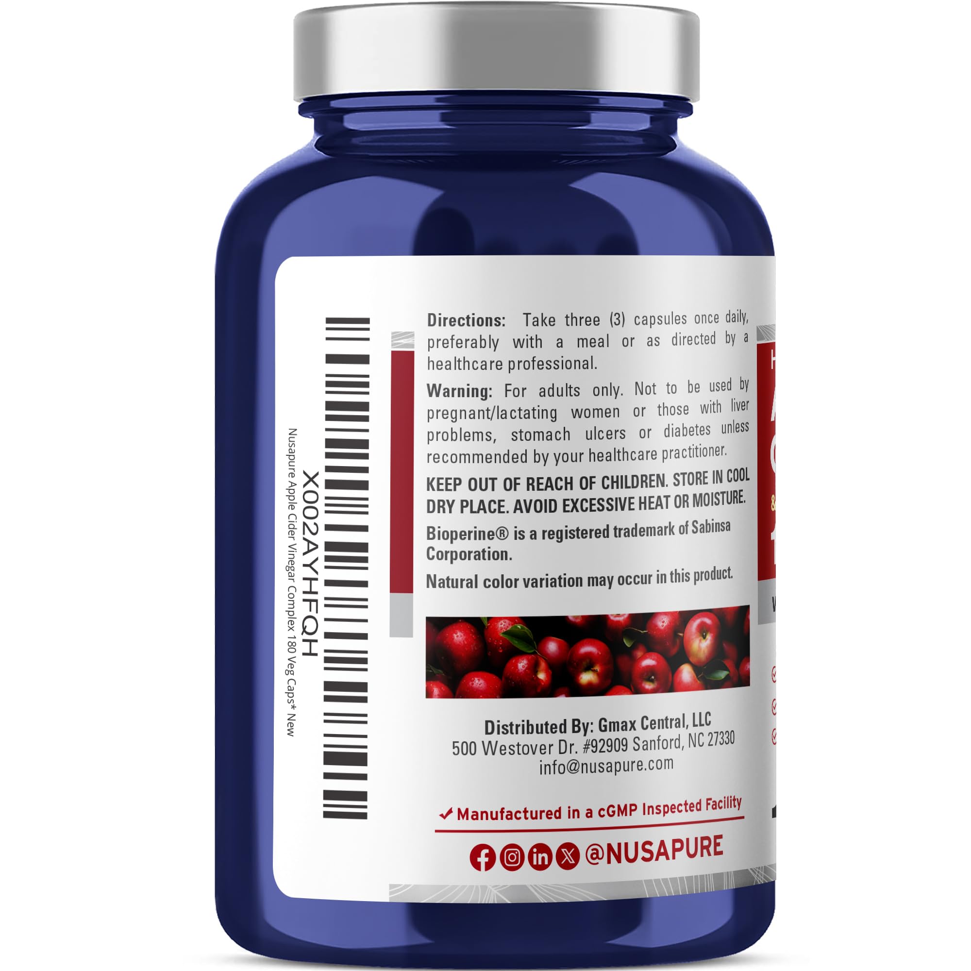 NusaPure Apple Cider Vinegar Complex 1500 mg 180 Veg Caps Suitable for Vegetarians and Vegans, Non-GMO NusaPure Au supplements