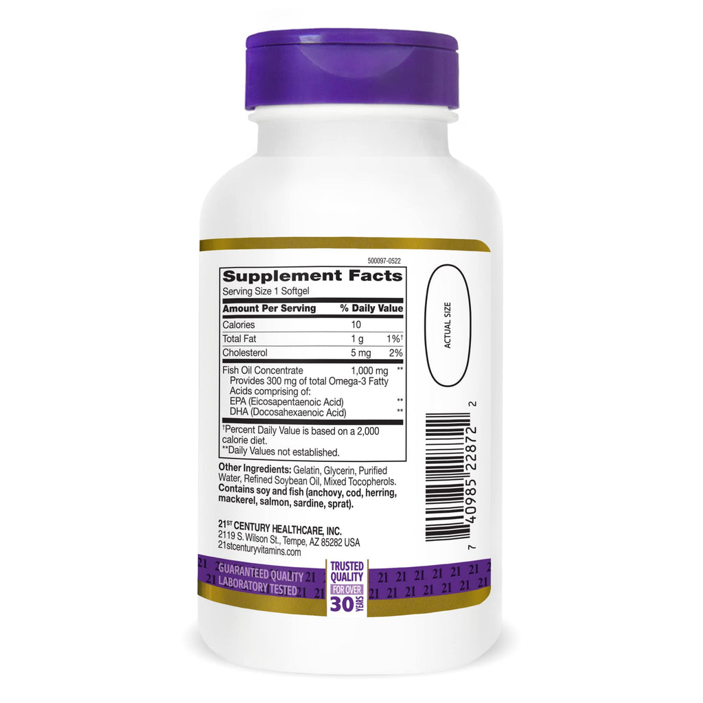 21st Century Fish Oil 1000 mg Softgels, (300 Count), Molecularly Distilled, Omega 3 Supplement with EPA & DHA, Purified to Eliminate Mercury, Supports Cardiovascular Health, Gluten Free & Non-GMO