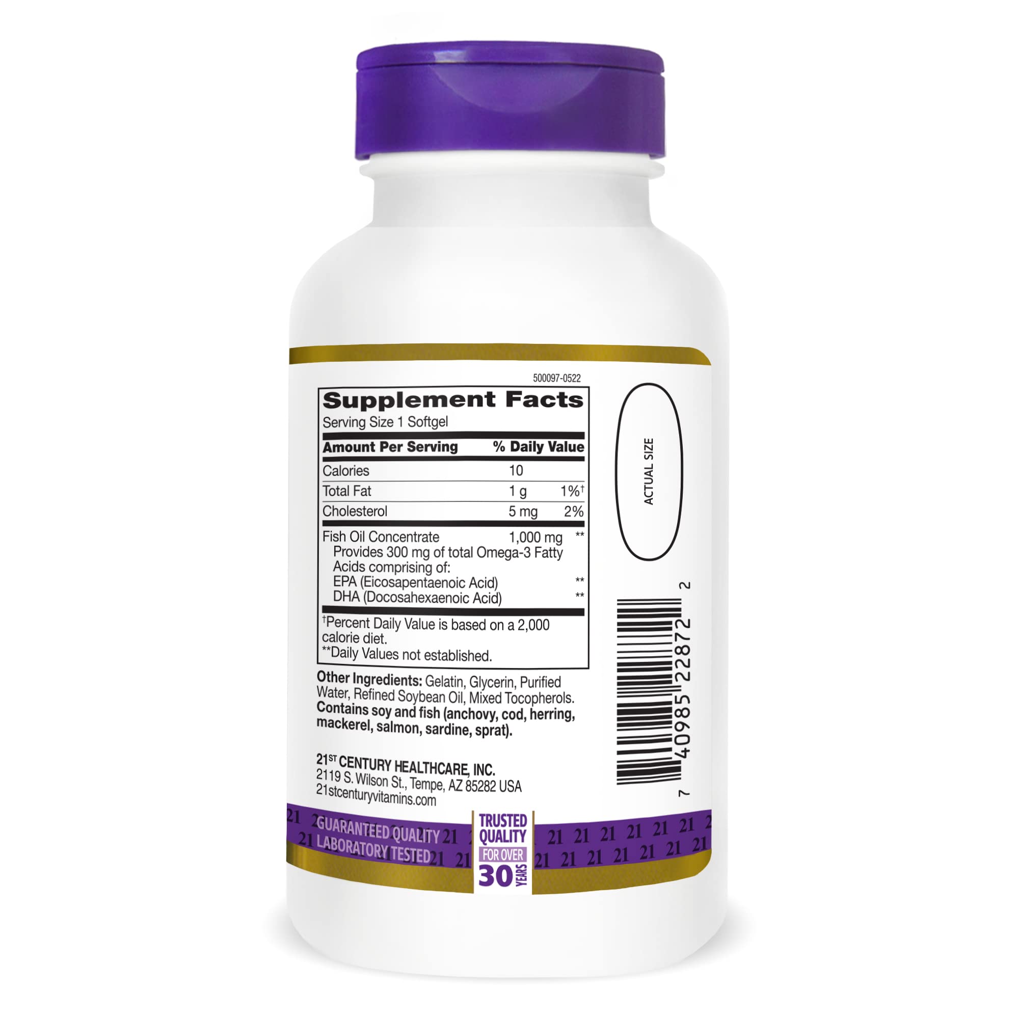 21st Century Fish Oil 1000 mg Softgels, (300 Count), Molecularly Distilled, Omega 3 Supplement with EPA & DHA, Purified to Eliminate Mercury, Supports Cardiovascular Health, Gluten Free & Non-GMO