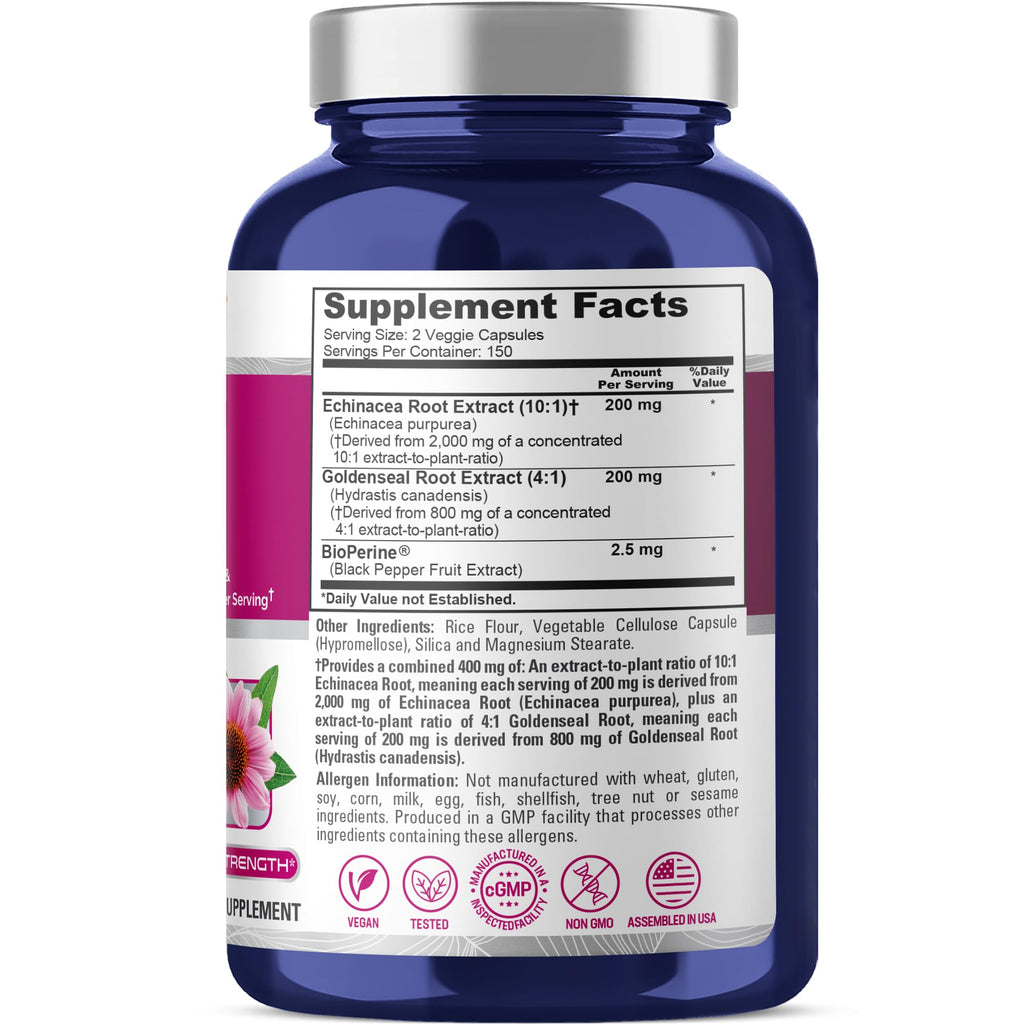 NusaPure Echinacea Goldenseal 200mg, (Extract 10:1, Equivalent to 2,000mg), 200mg, (Extract 4:1, Equivalent to 800mg) - 2800mg 300 Veggie Caps (Vegetarian, Non-GMO, Vegan) NusaPure Au supplements