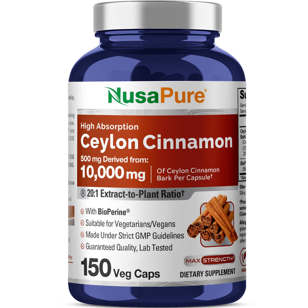 NusaPure Ceylon Cinnamon20:1 Extract, 500 mg Equivalent to 10,000 mg Per Caps | 150 Veggie Capsules | Non-GMO, Vegan with Bioperine NusaPure Au supplements