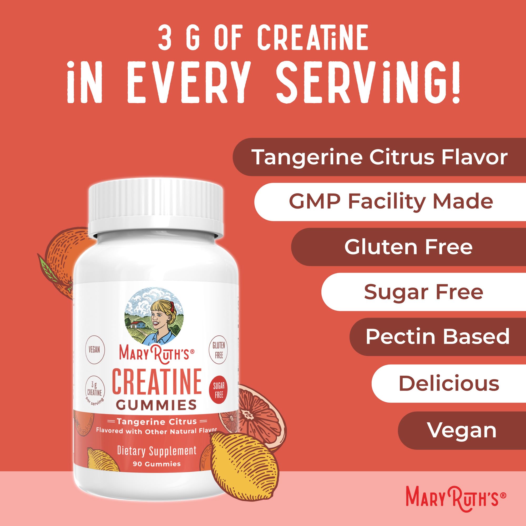 MaryRuth's Creatine Gummies | Creatine Monohydrate Gummies | 3g Creatine Per Serving | Creatine for Women & Men | Tangerine Citrus Flavor | Exercise | Workout | Sugar Free | Vegan | 90 Count MARYRUTH'S Au supplements