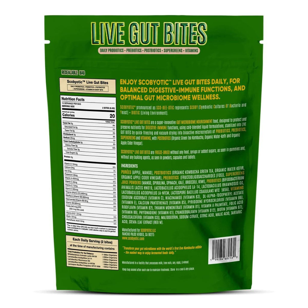 Scobyotic® Kombucha Supergreens Live Gut Bites – 10 Billion CFU Probiotics + Prebiotics & Postbiotics – Kombucha & Supergreens – Freeze-Dried Probiotic Supplement Scobyotic Au supplements