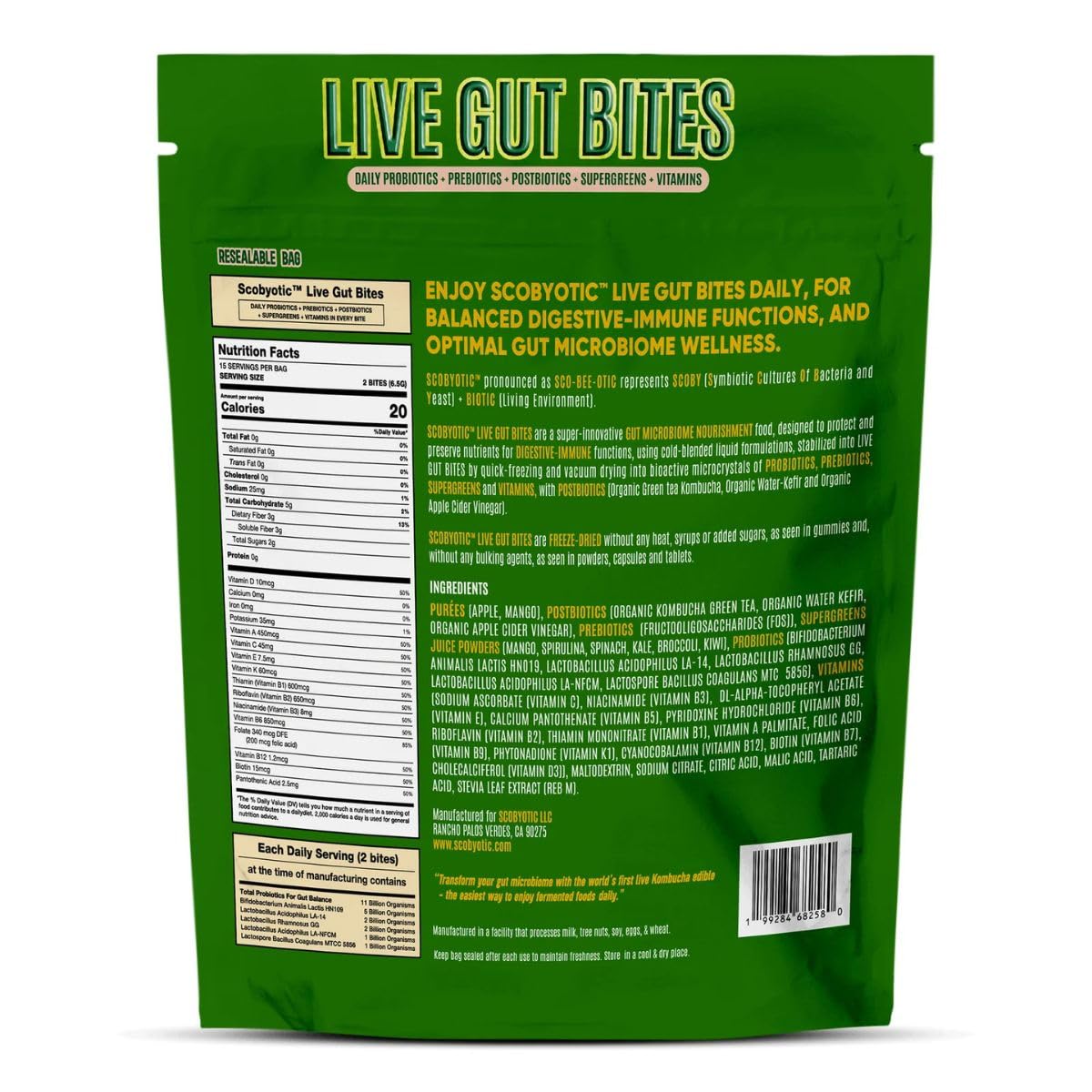 Scobyotic® Kombucha Supergreens Live Gut Bites – 10 Billion CFU Probiotics + Prebiotics & Postbiotics – Kombucha & Supergreens – Freeze-Dried Probiotic Supplement Scobyotic Au supplements