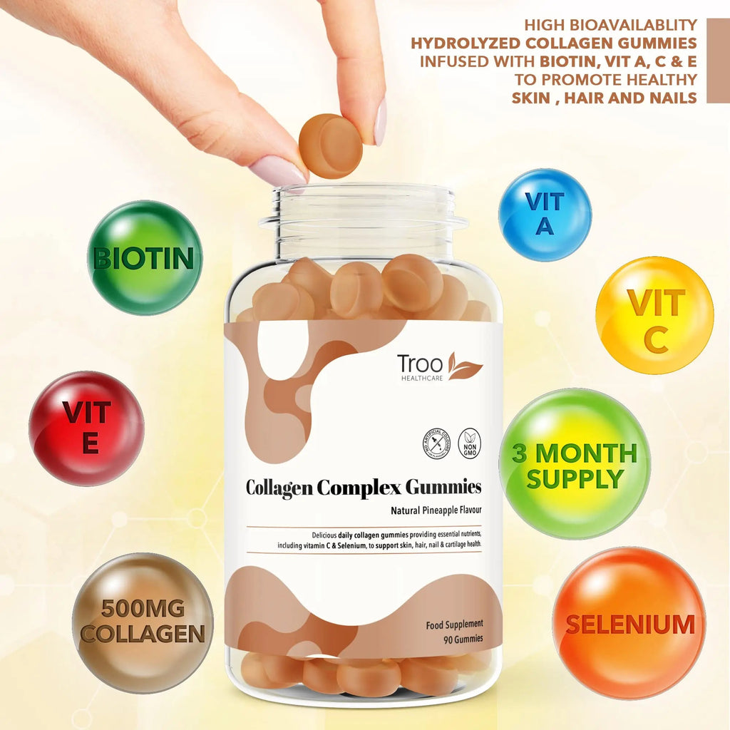 Hydrolysed Collagen Complex - 90 Natural Pineapple Flavour Chewable Gummies - One Per Day with Biotin, Vitamin C and Selenium Troo Health Care Au supplements