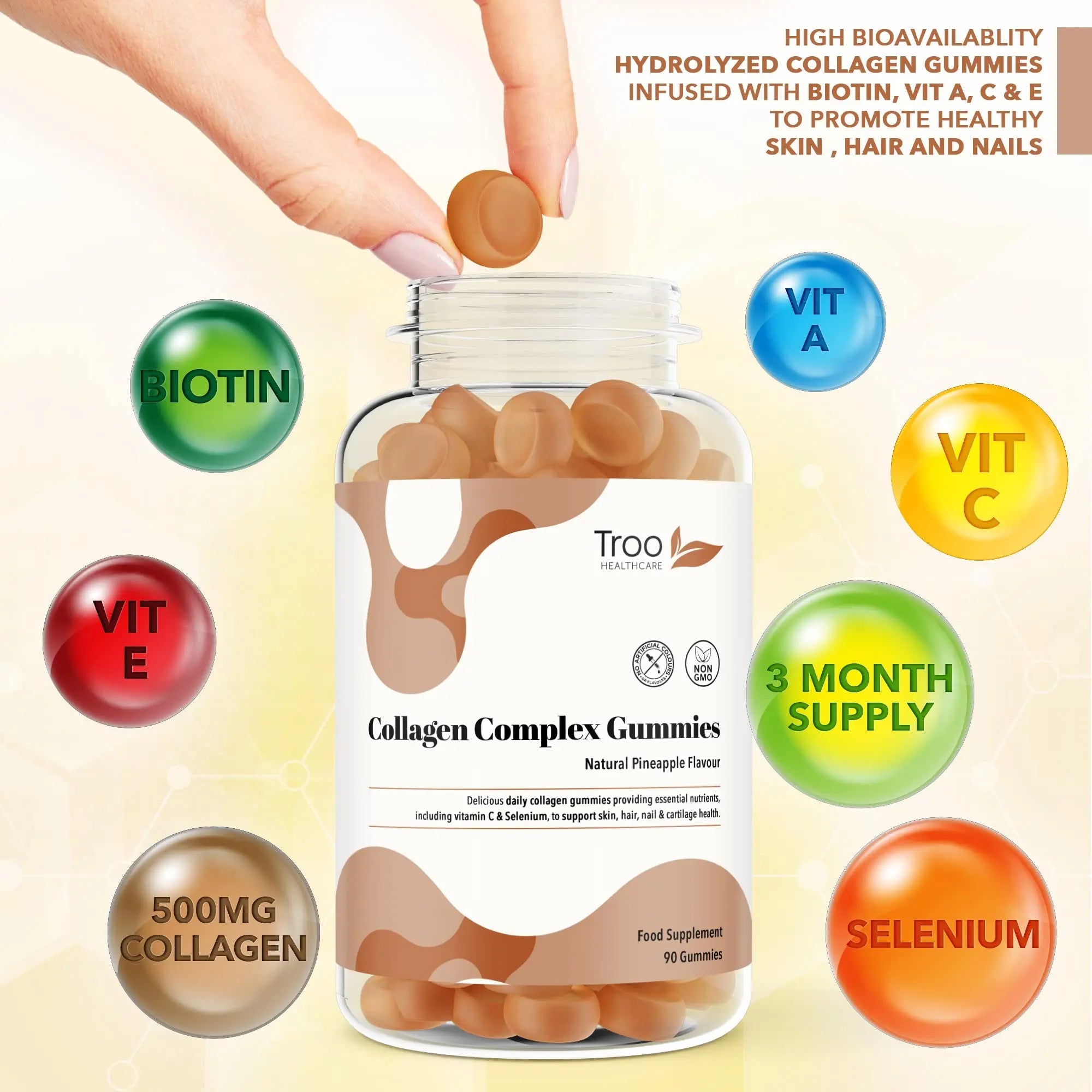 Hydrolysed Collagen Complex - 90 Natural Pineapple Flavour Chewable Gummies - One Per Day with Biotin, Vitamin C and Selenium Troo Health Care Au supplements