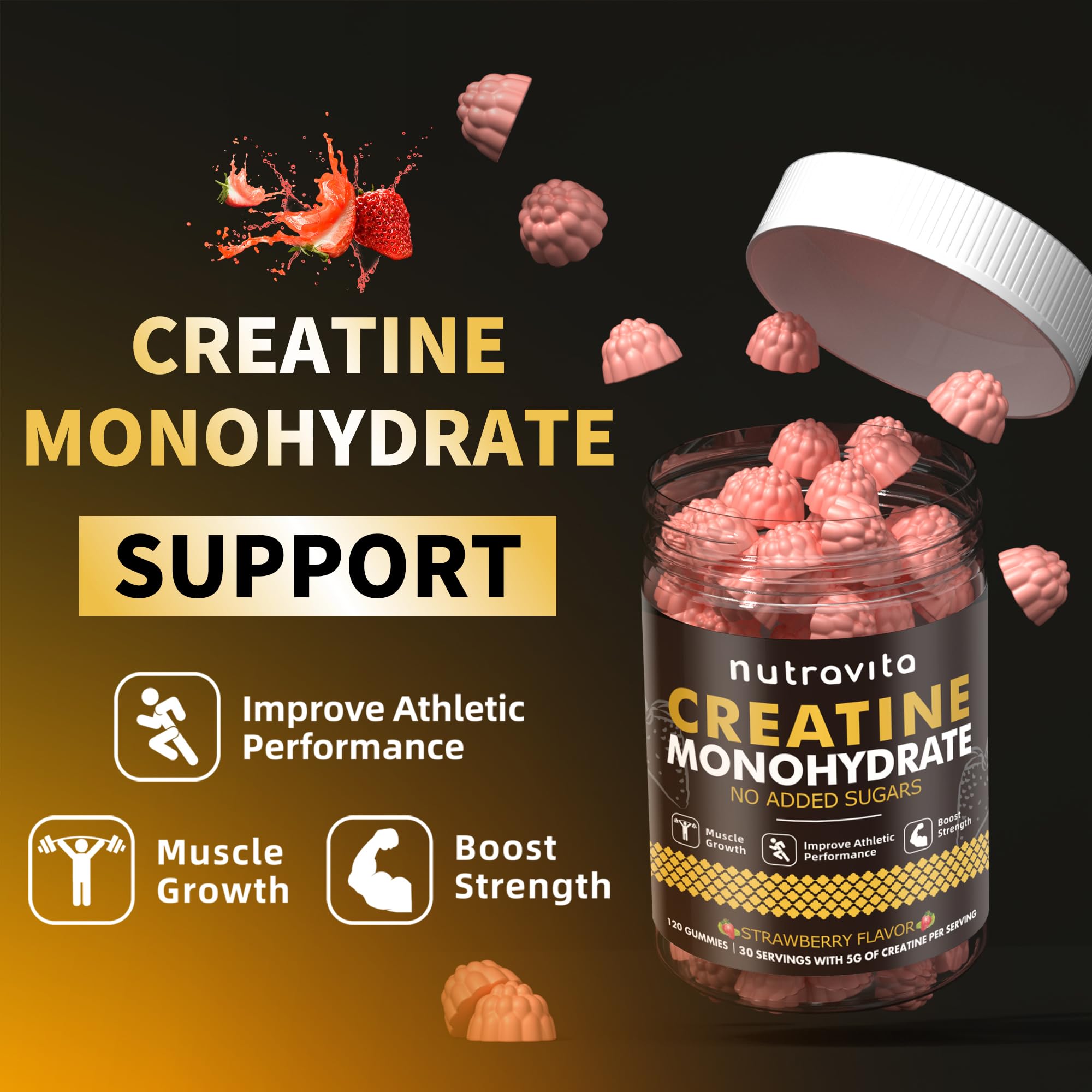 Nutravita NSF Certified Creatine Gummy - Creatine Monohydrate Gummies for Men & Women-5g of Creatine Monohydrate per Serving - Sugar Free,