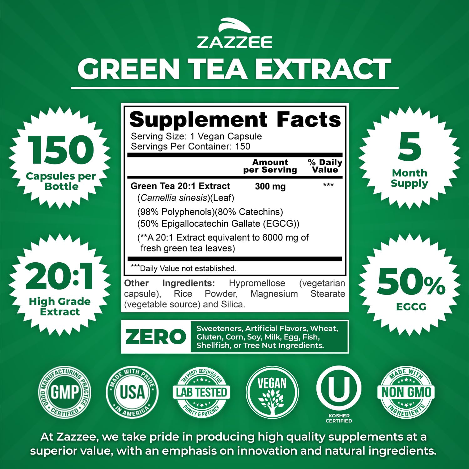 Zazzee Extra Strength Green Tea 20:1 Extract, 50% EGCG, 98% Polyphenols, 80% Catechins, 150 Vegan Capsules, 5 Month Supply, Certified Kosher