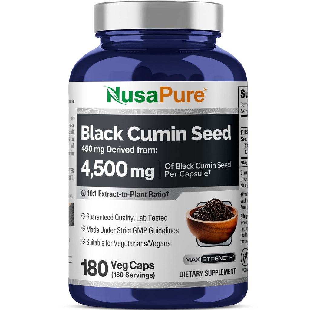 NusaPure Full Spectrum Black Cumin Seed 10:1 Extract, 450 mg Equivalent to 4,500mg 180 Veggie Powder Caps Non-GMO, Vegan Non-Oily NusaPure Au supplements