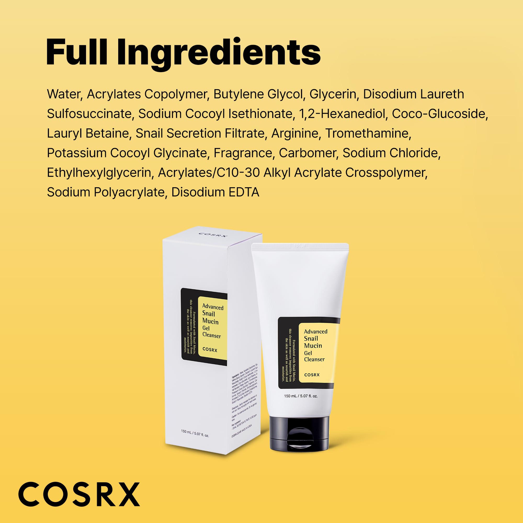 COSRX Advanced Snail Mucin Gel Cleanser, 5.07 Fl Oz / 150 mL, Rich Daily Deep Cleansing Gel for Dry & Sensitive Skin