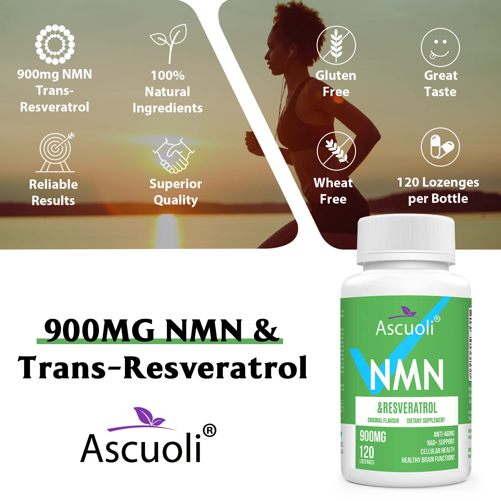Sublingual NMN 500mg + Trans-Resveratrol 400mg, 3-in-1 Advanced Formula 99% Pure NMN Resveratrol Supplement for Boost* NAD, Cell, Immune, Energy & Muscle, Anti-Aging, 120 Lozenges (120-Day Supply) Ascuoli Au supplements