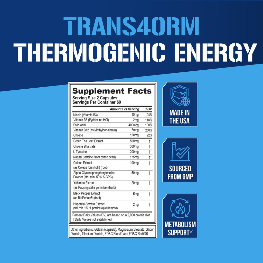EVL Thermogenic Fat Burner Support - Fast Acting Weight Loss Energy and Appetite Support - Trans4orm Green Tea Supplement