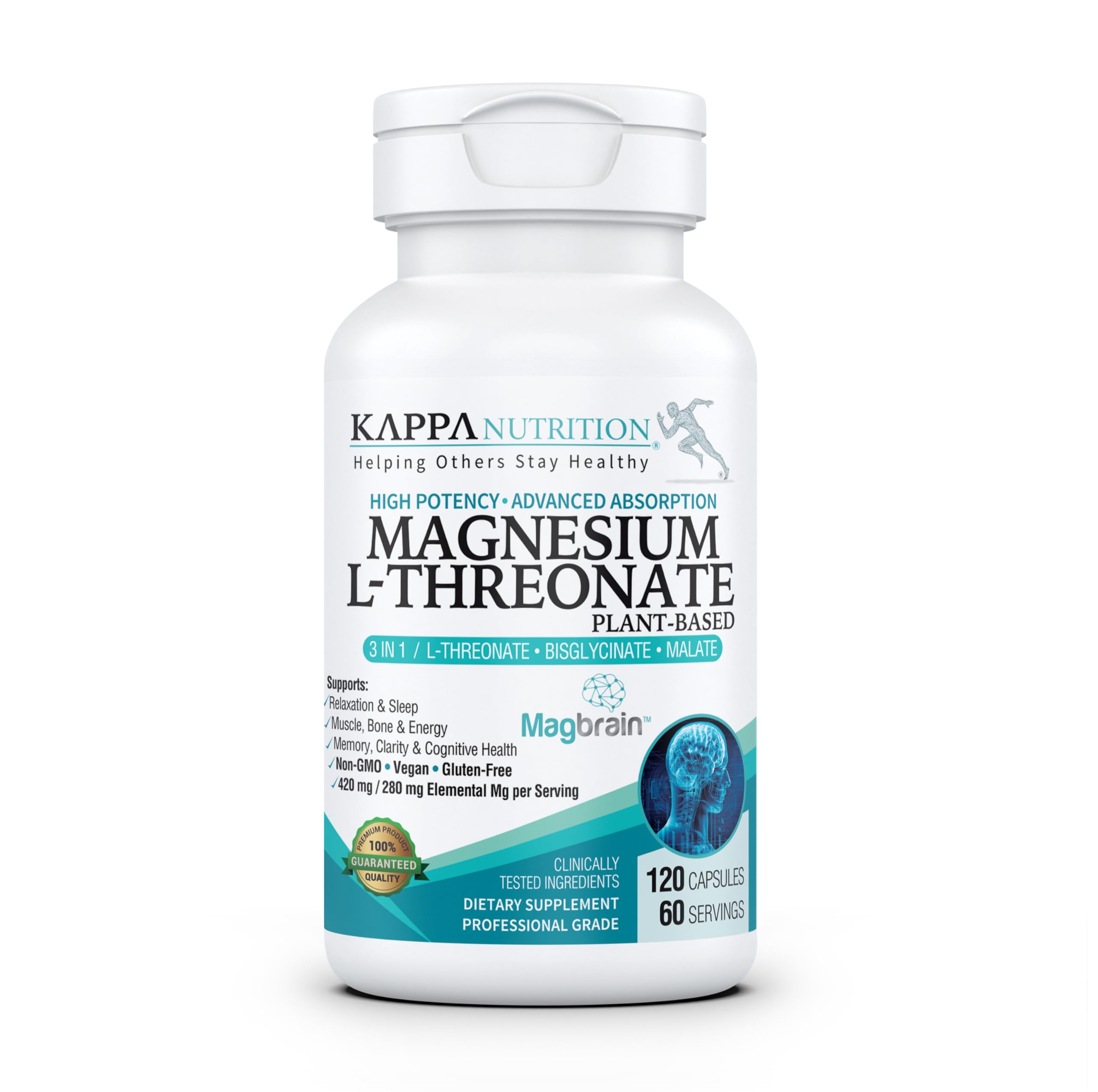 Kappa Nutrition Powered by Magbrain™ Magnesium L-Threonate Plant-Based, 420mg Elemental Magnesium (3 Capsules) from 2,253mg, 120 Vegan Capsules, Brain, Sleep & Muscle Support. KAPPA NUTRITION Au supplements