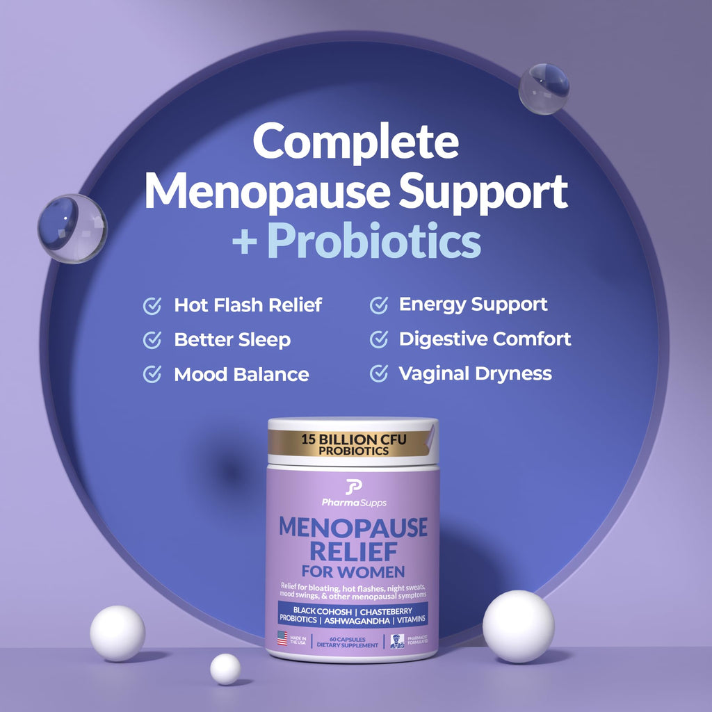 Natural Menopause Supplements for Women - Perimenopause Supplements for Hormonal Balance, Bloating & Mood Swings | Hot Flashes Menopause Relief w/Probiotics & Prebiotics, Black Cohosh & Chasteberry PharmaSupps Au supplements