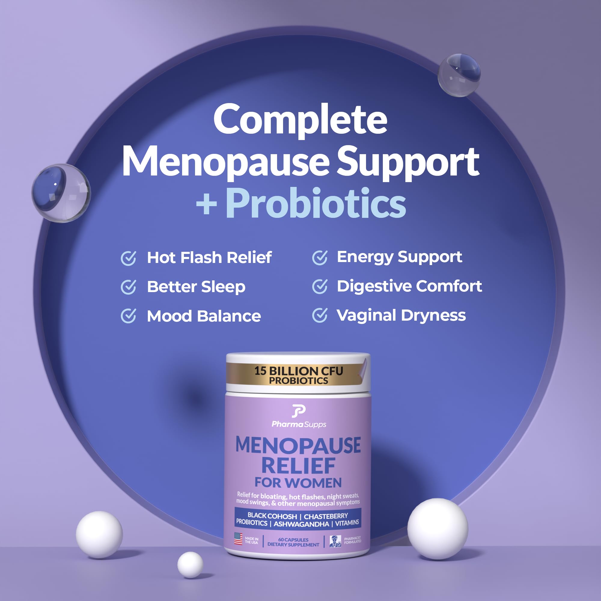 Natural Menopause Supplements for Women - Perimenopause Supplements for Hormonal Balance, Bloating & Mood Swings | Hot Flashes Menopause Relief w/Probiotics & Prebiotics, Black Cohosh & Chasteberry PharmaSupps Au supplements