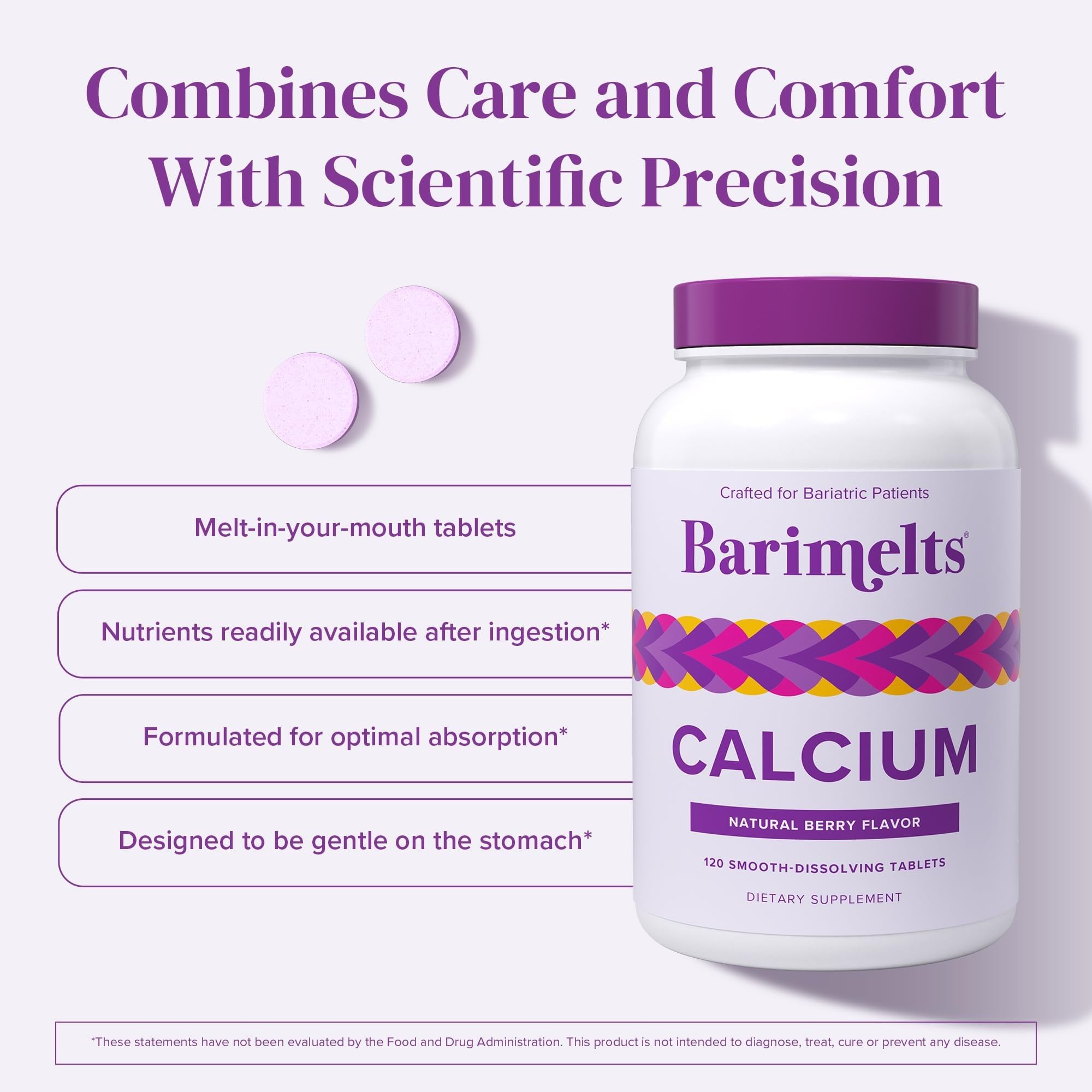 BariMelts Calcium Citrate with Vitamin D3 & Magnesium, 120 Smooth-Dissolving Tablets (1-Month Supply), Bariatric Calcium Supplements