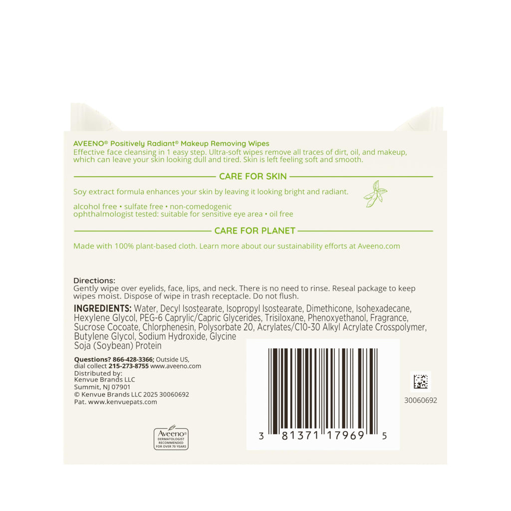 Aveeno Positively Radiant Makeup Remover Wipes, Oil Free, Alcohol Free, Non-Comedogenic Facial Cleansing Wipes, Gentle Face Wipes for Sensitive Skin