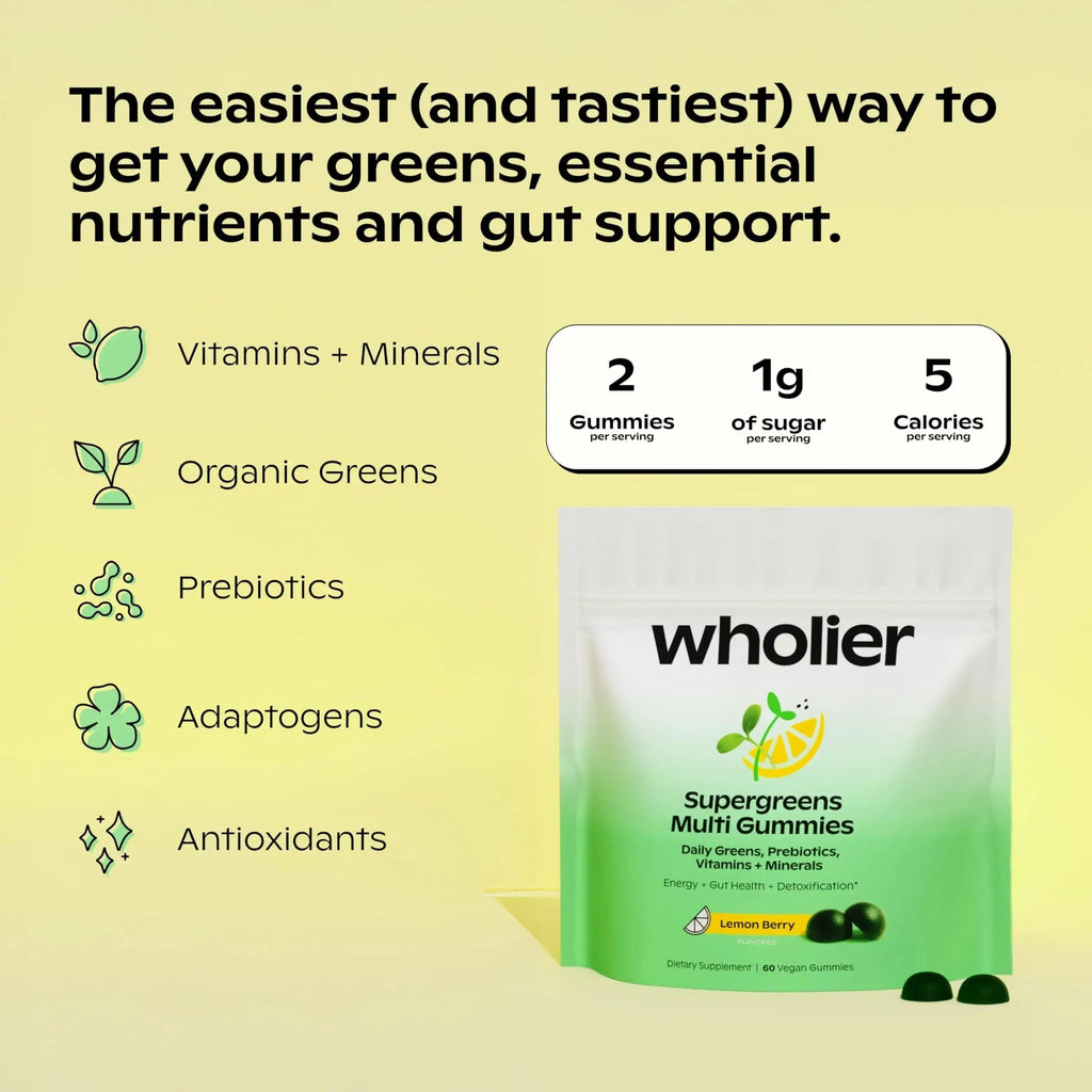 wholier Supergreens Multi Gummies, Daily Greens with Prebiotics, Fiber, Adaptogens, Plant-Based Multivitamin with 9 Essential Vitamins wholier Au supplements