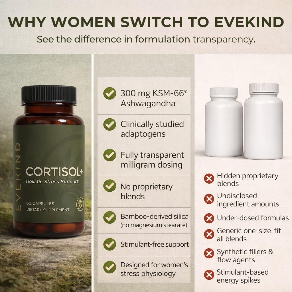EVEKIND Cortisol Manager + Women’s Stress Relief & Hormone Balance Supplement – Adrenal Support for Mood, Focus & Energy – KSM-66® Ashwagandha, Rhodiola, L-Theanine – Vegan, Non-GMO, 60 Capsules EVEKIND Au supplements