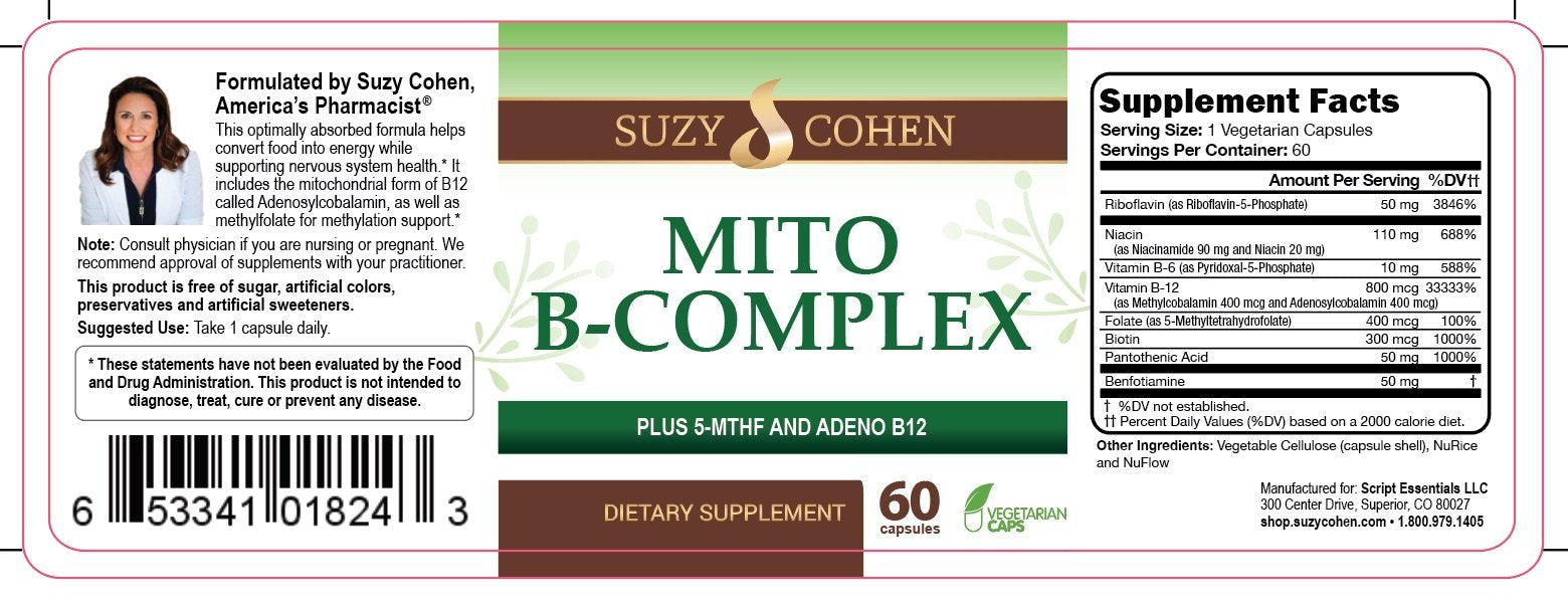 Script Essentials Suzy Cohen, Mito B Complex Dietary Supplement, 5-MTHF, Adeno B12, Methylation Support, Supports Healthy Nervous System