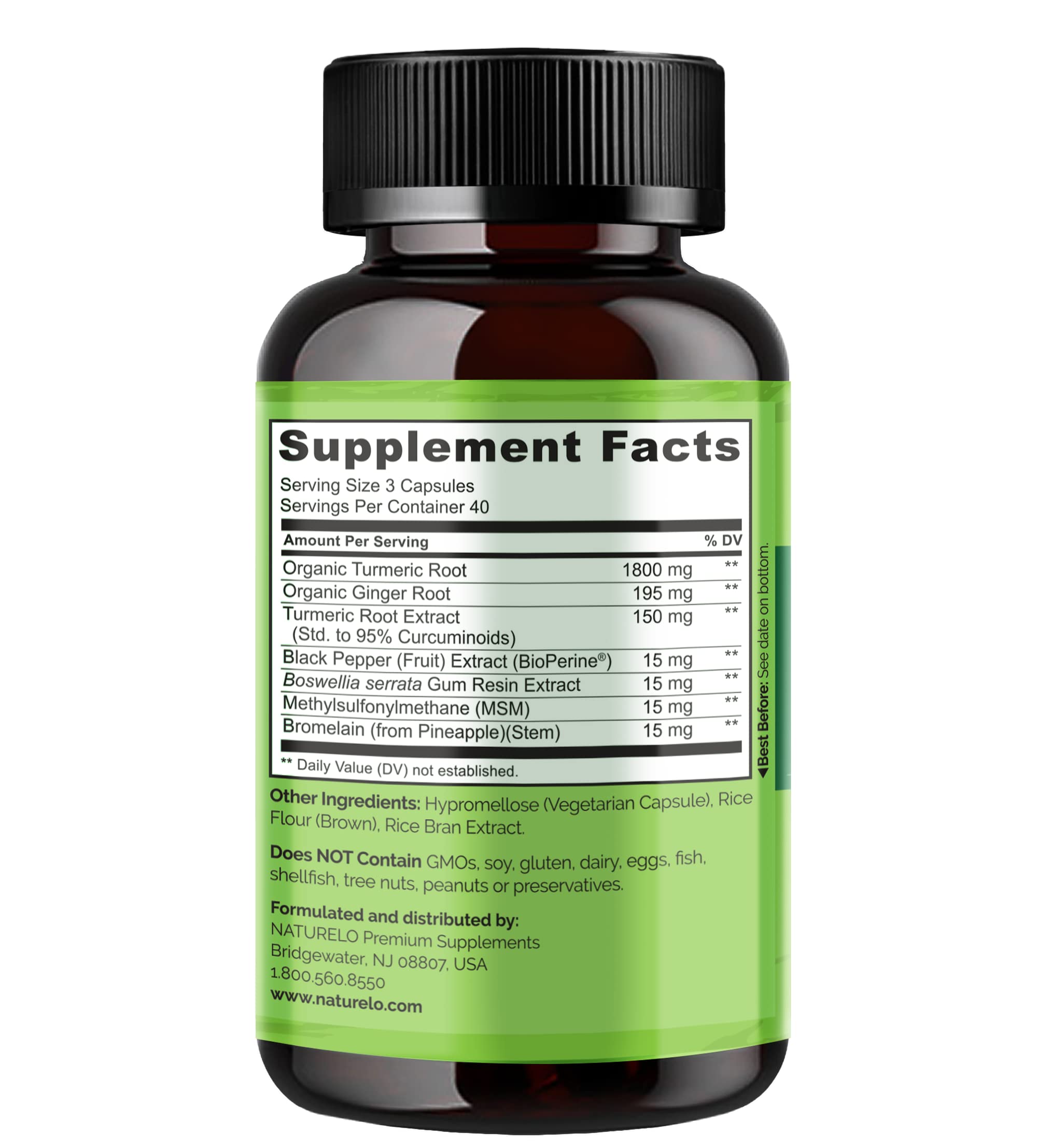 NATURELO Turmeric Curcumin - BioPerine for Better Absorption - Black Pepper, Ginger Root, Curcuminoids - Plant-Based Joint Discomfort Support