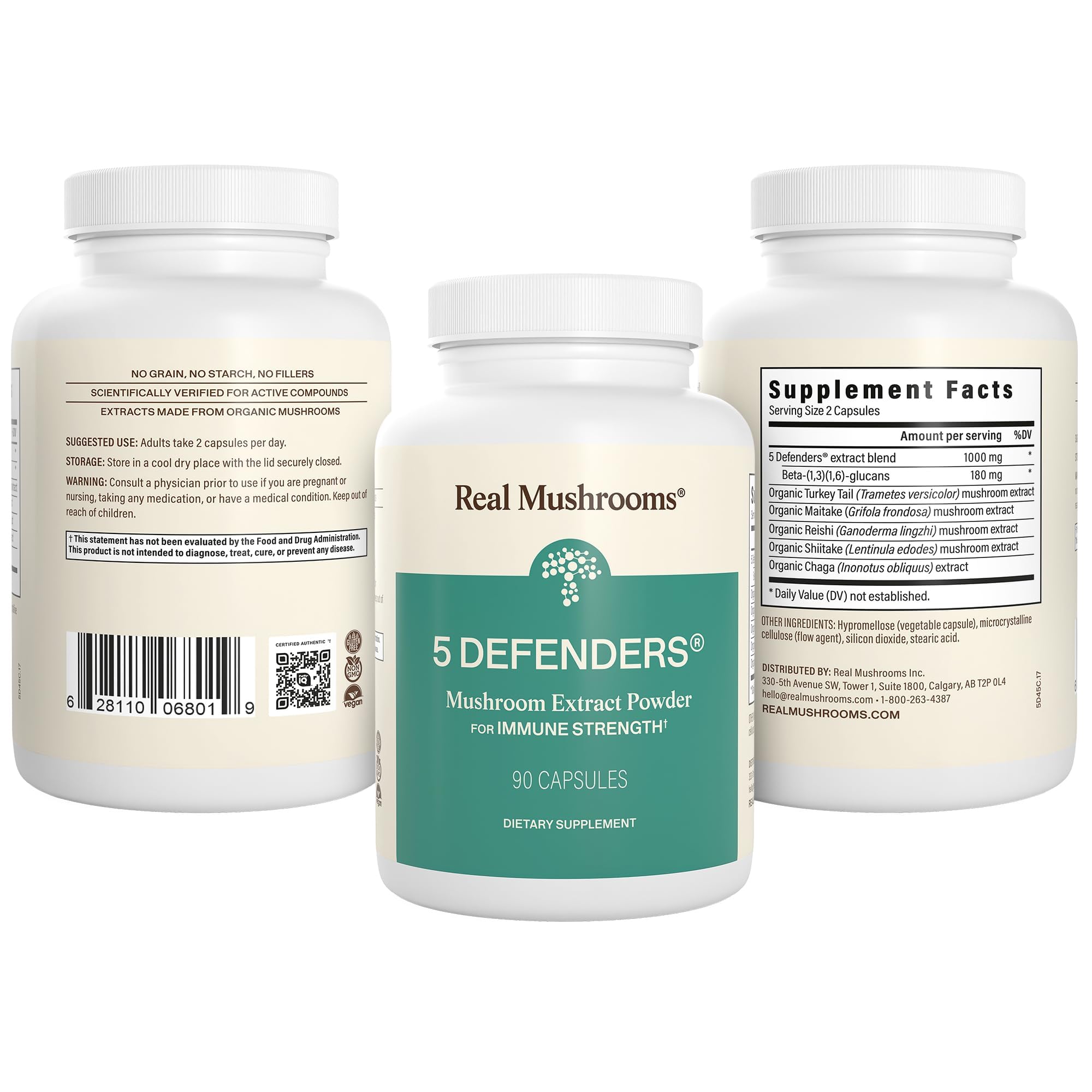 Real Mushrooms 5 Defenders - Adaptogenic Mushrooms Complex with Chaga, Reishi, Turkey Tail, Maitake & Shiitake for Wellness Support