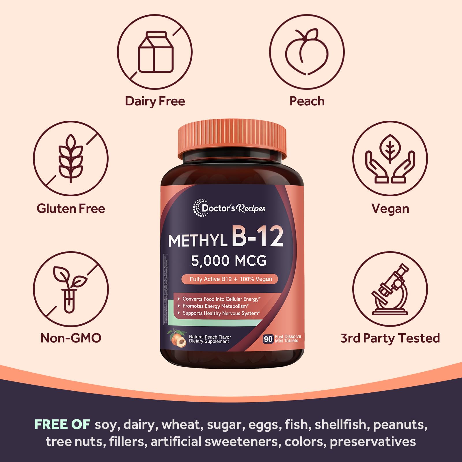 Doctor's Recipes Vitamin B12, Methylcobalamin 5000 mcg 90 Fast Dissolve Tablets, Natural Peach Flavor, Vegan Methyl, Energy Metabolism & Nervous System