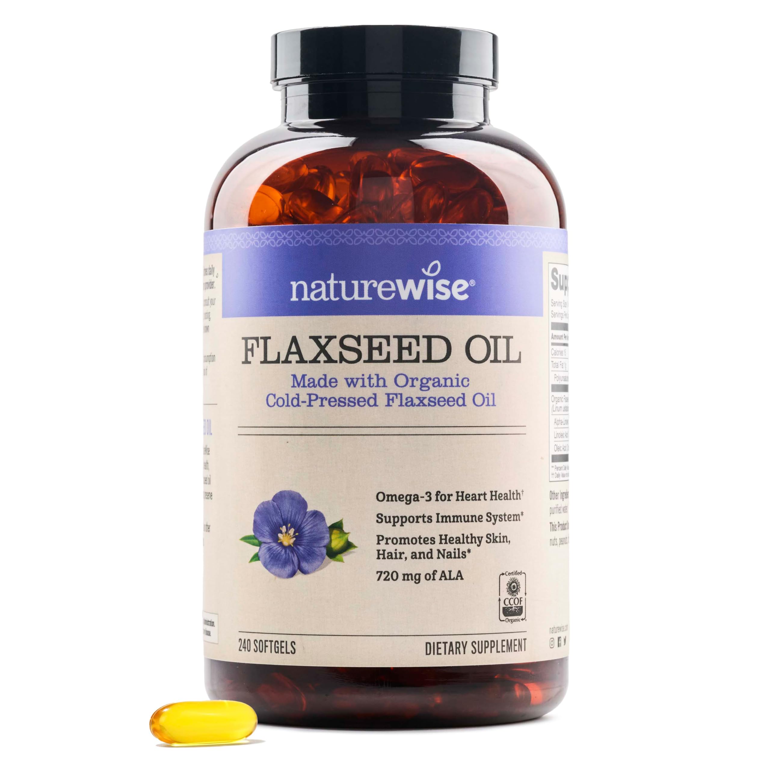 NatureWise Flaxseed Oil 1,242 mg, Fish Free Omega 3 6 9 with 720mg ALA, Dietary Supplement for Heart Health Support - Organic, Cold Pressed,
