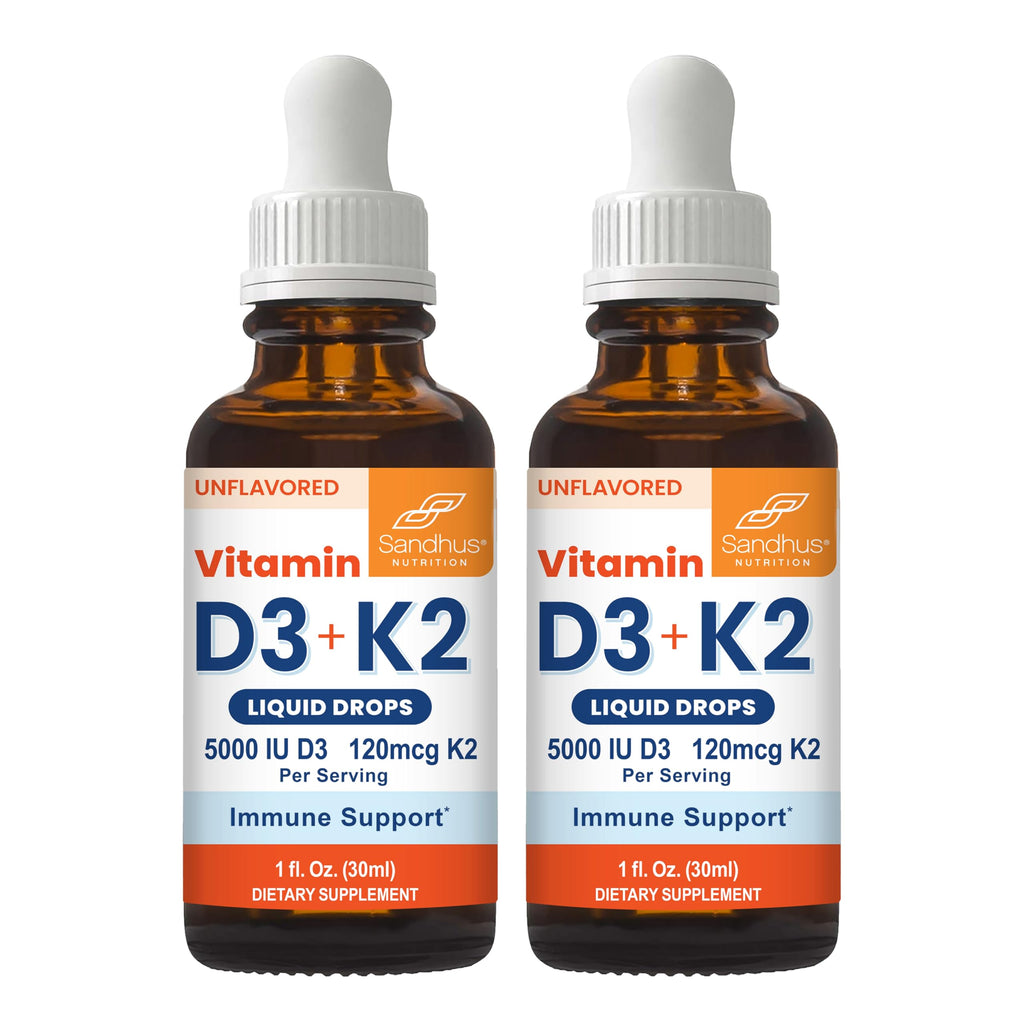Sandhu's Vitamin D3 K2 Drops for Adults | 5000 IU D3 Liquid, 120mcg K2 Supplement 1 Fl Oz (Pack of 2) | D3K2 Supports Superior Absorption