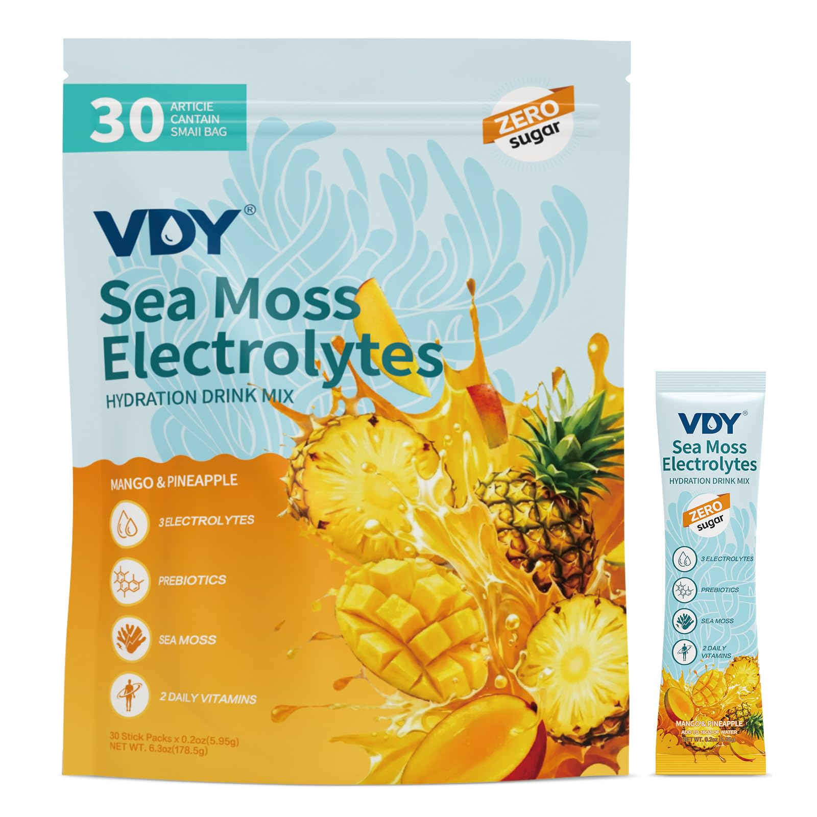 VDY Sea Moss Electrolytes Powder Packets - Hydration Packets Sugar Free - Electrolyte Packets with 30 Sticks - Zero Sugar & 0 Calorie - Keto Friendly