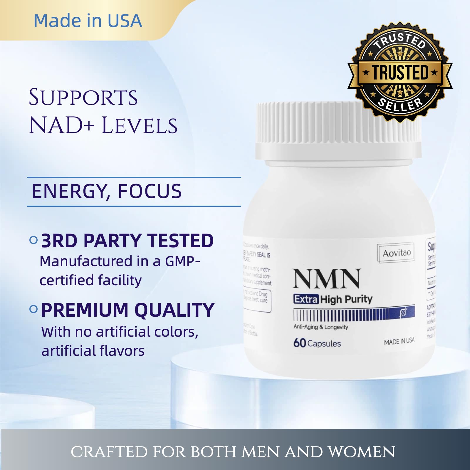 AOVITAO NMN Supplement 500mg Ultra Pure 99.8% | Stabilized Form | Supports NAD+ Production, Cellular Health & Healthy Aging | 60 Capsules AOVITAO Au supplements
