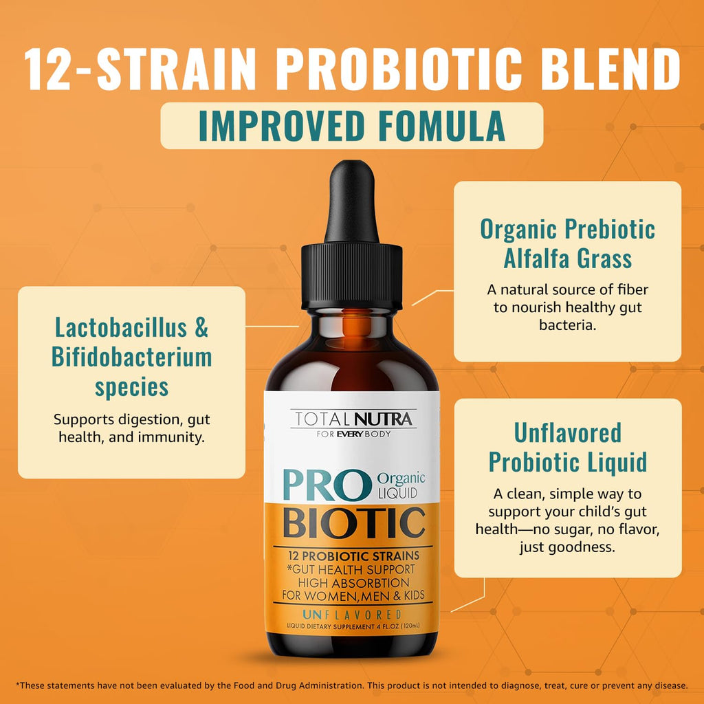 Liquid Probiotic for Women, Men, Kids, Toddler Probiotic: USDA Organic Probiotics, Vegan Probiotic Liquid & Alfalfa Blend + Acidophilus for Gut Health,