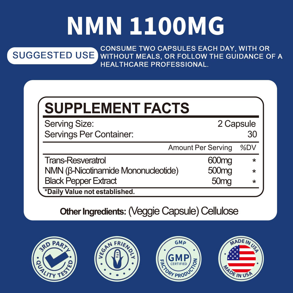 Jeaderly 1100mg NMN & Trans-Resveratrol, 3-in-1 Supplement, 60 Veggie Capsules – Supports NAD+ Boost*, Cellular Energy, Immune Function, Muscle Health & Anti-Aging, 30-Day Supply Jeaderly Au supplements