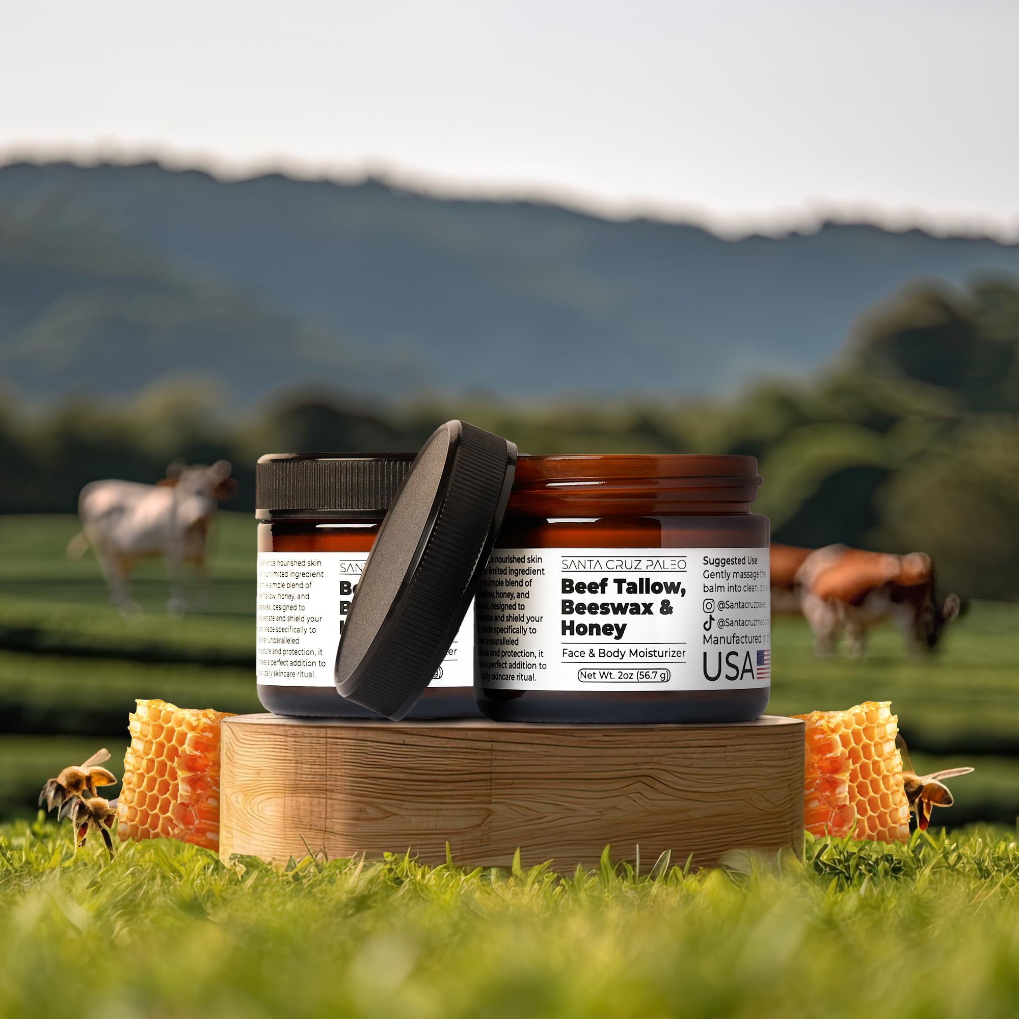 Santa Cruz Paleo, Beef Tallow, Beeswax & Honey Face Moisturizer, Organic, Unscented Grassfed Beef Tallow Skin Care, Sunscreen Free