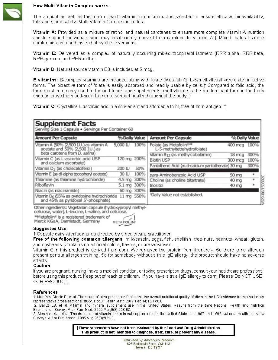 Multi-Vitamin Complex | Once Daily Multivitamin Supplement with Folate as Metafolin L-5-MTHF B12 as Methylcobalamin Vitamin A C D3 and more Adaptogen Research Au supplements