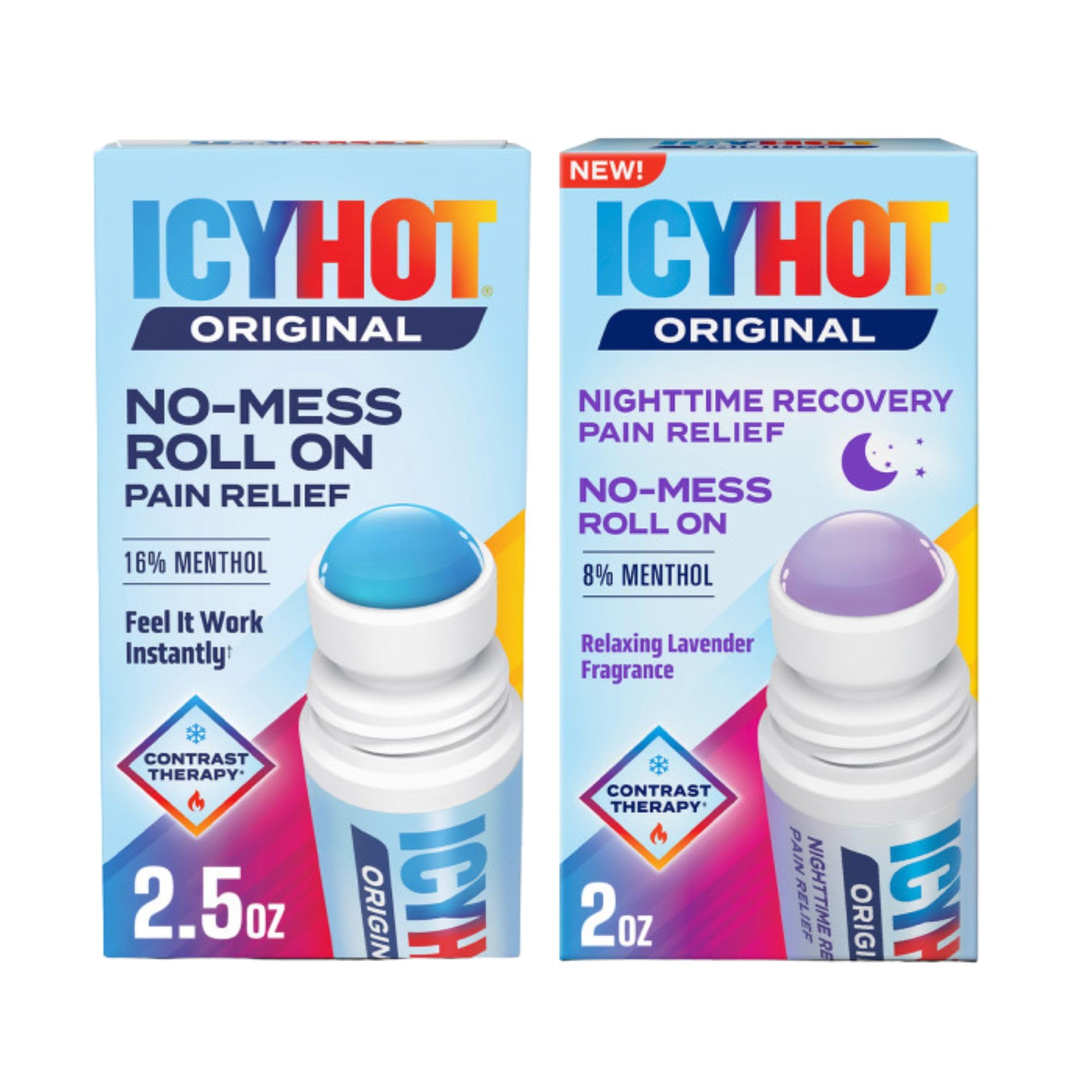 Icy Hot Original (2.5 oz.) & Nighttime Recovery (2 oz.) Pain Relief No-Mess Roll-On Applicator, Fast-Acting Pain Relief, Contrast Therapy for Backaches, Joints, Muscle Strains and Arthritis Icy Hot Au supplements