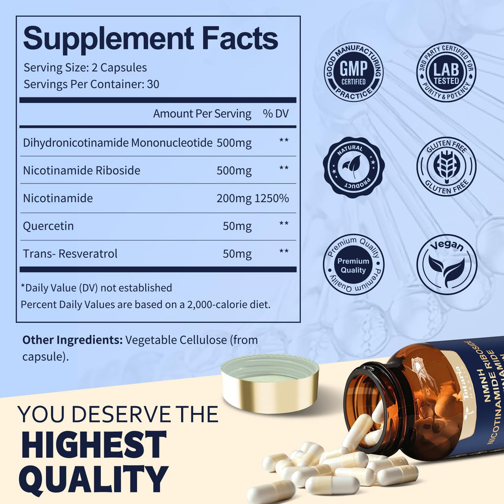 Totaria NMNH (NMN Alternative Supplement) (Dihydronicotinamide Mononucleotide) Ultra Strength, NAD+ Support w/Resveratrol & Quercetin, Ultra Absorption for Anti-Aging, Vegan, 60 Counts Totaria Au supplements