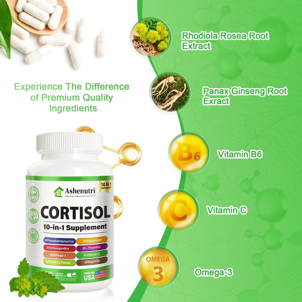 Ashenutri 10-in-1 Cortisol Supplement with Magnesium,Ashwagandha,Rhodiola Rosea,L Theanine,Hormone Balance for Women 120 Vegan Capsules Ashenutri Au supplements