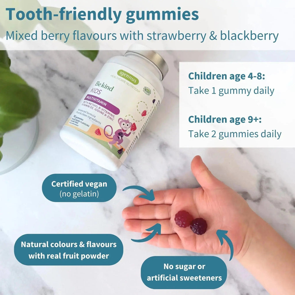 Igennus Methylated Kids Multivitamin Gummy, MTHFR, No Artificial Sweeteners or Flavors, Sugar Free, Age 4+, 90 Natural Berry Flavor Gummies Igennus Healthcare Nutrition Au supplements