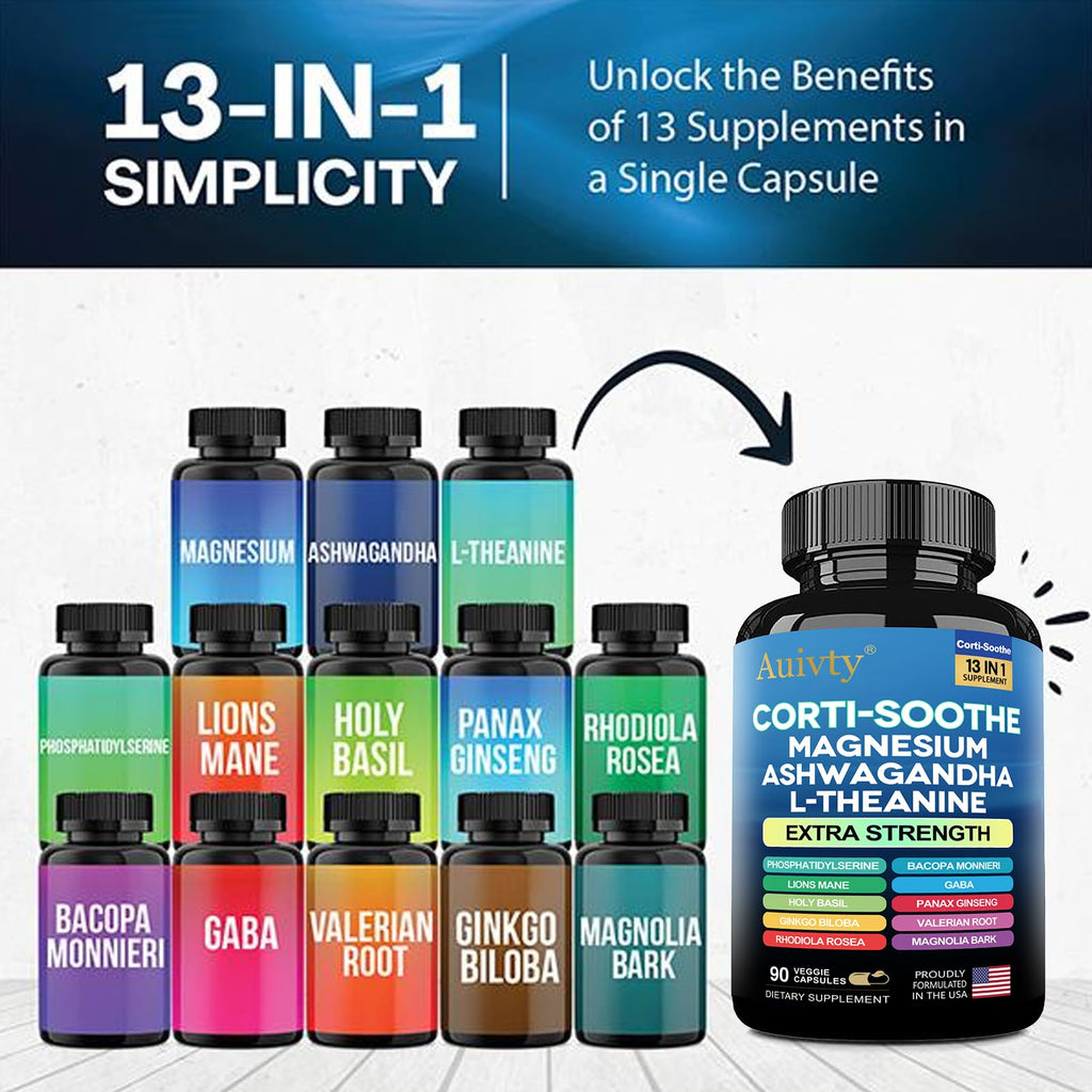 Auivty Cortisol Manager & Adrenal Support - Cortisol Reducer for Stress Relief, Calm & Sleep - 13-in-1 Adaptogen with Ashwagandha & Magnesium - 180 Capsules (2-Pack) Auivty Au supplements