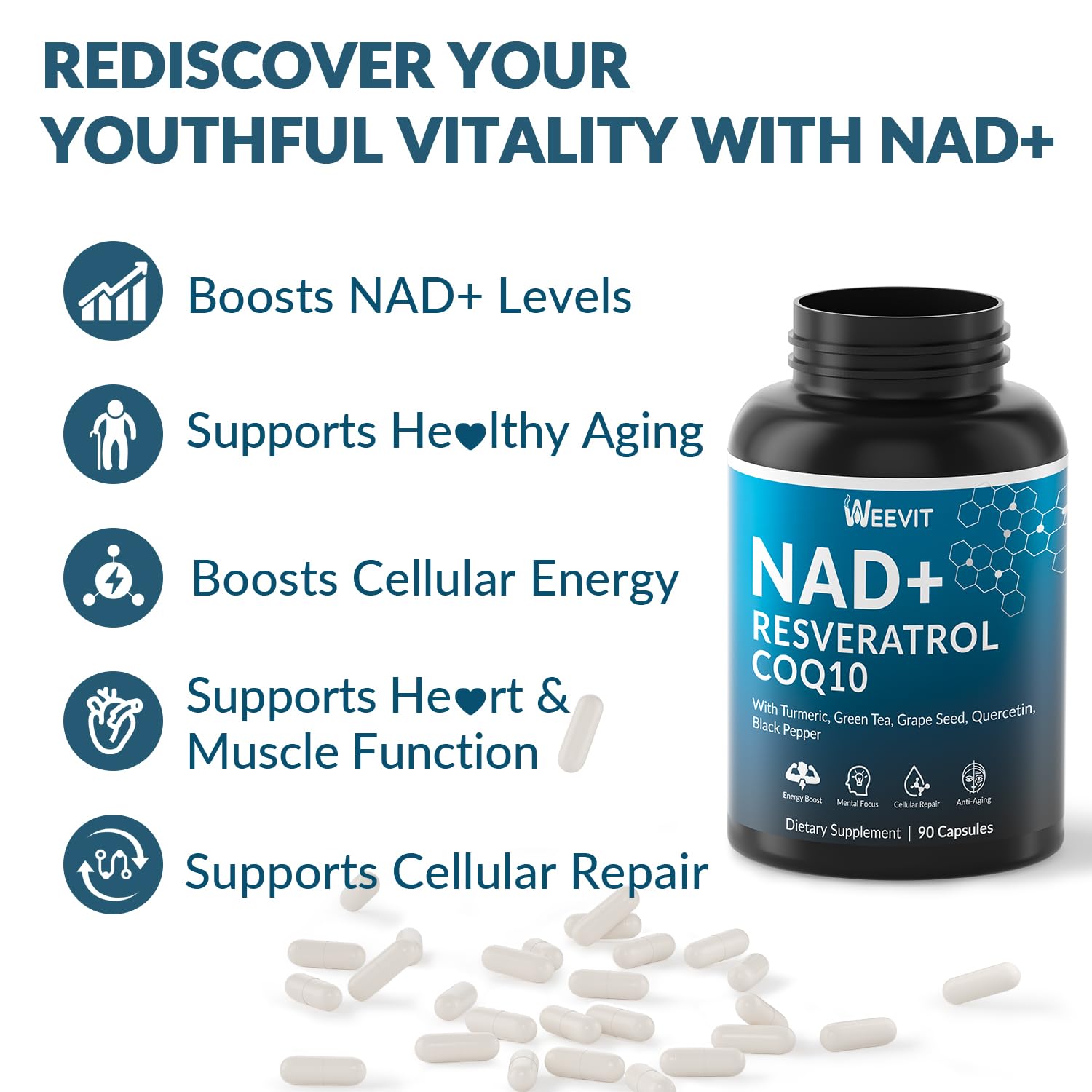 WEEVIT NAD+ Resveratrol Supplement with COQ10, Quercetin, Turmeric, NAD+ Supplement for Men and Women - Energy, Focus & Anti-Aging Support - Gluten Free, Non-GMO WEEVIT Au supplements