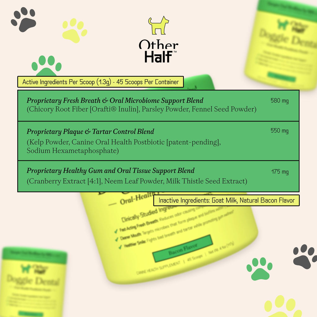 OTHER HALF Doggie Dental Supplement Powder - Dog Breath Freshener & Teeth Cleaning Made Easy - Oral Health Postbiotic for Dogs - Targets Tartar, Plaque & Bad Breath | 45 Scoops, Bacon Flavor OTHER HALF Au supplements