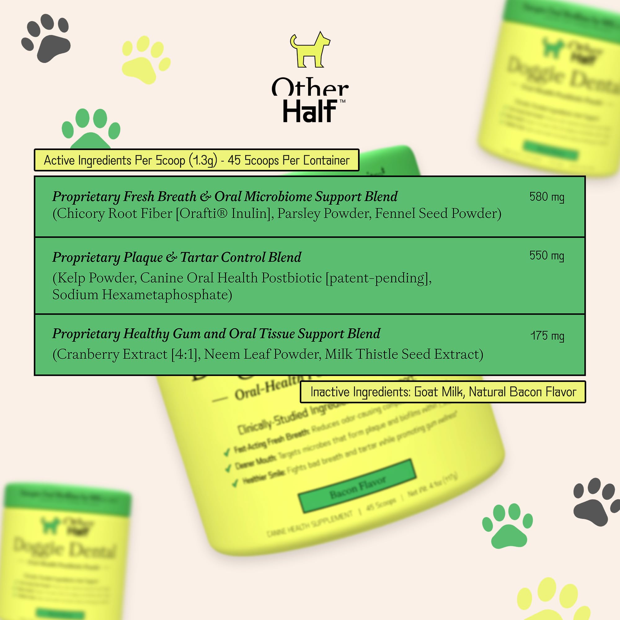 OTHER HALF Doggie Dental Supplement Powder - Dog Breath Freshener & Teeth Cleaning Made Easy - Oral Health Postbiotic for Dogs - Targets Tartar, Plaque & Bad Breath | 45 Scoops, Bacon Flavor OTHER HALF Au supplements